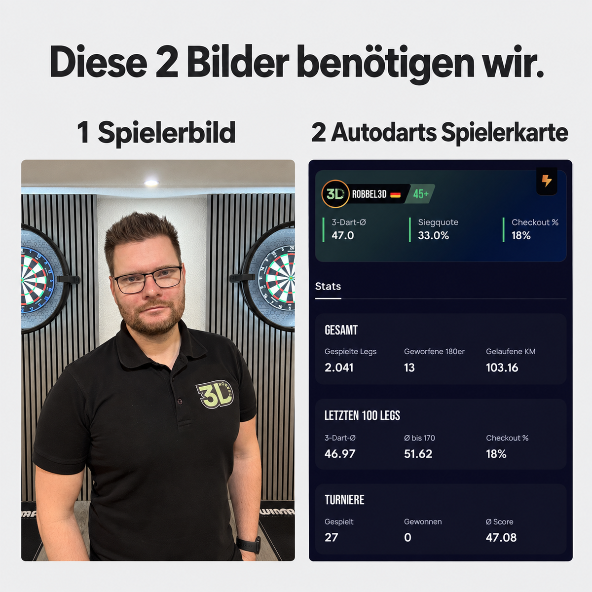 Personalisierte Dart-Spielerkarte mit Autodarts-Statistik
